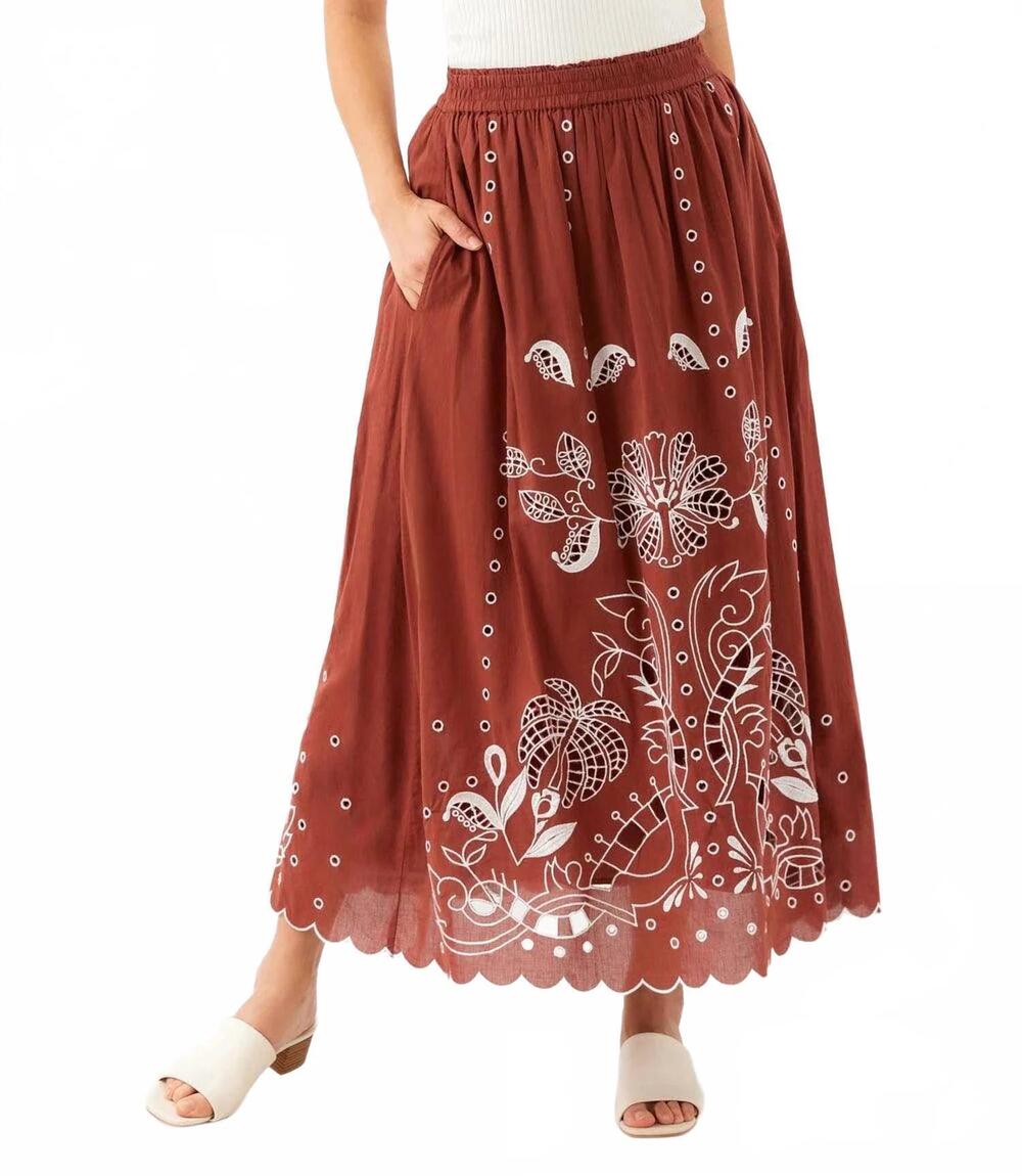 NEW KAREN KANE cut-out embroidery midi skirt in chocolate